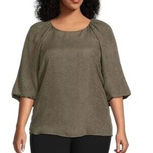 Calvin Klein Plus Size 3X Olive Green Textured Lantern Sleeve Blouse